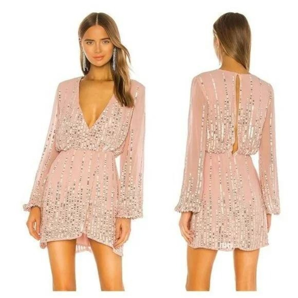 Lovers + Friends Poppy Mini Pink Sequin Long Sleeve Deep‎ V Plunge Dress NEW M